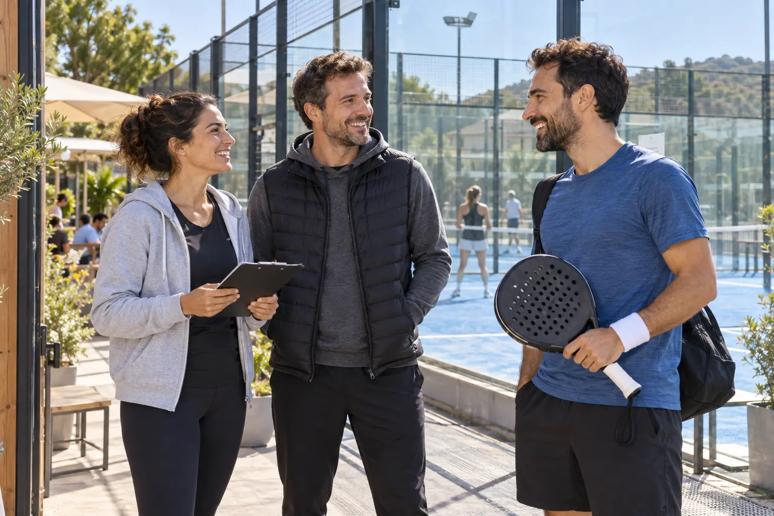 Organisers and a player at a padel club · AI-generated illustrative imagery